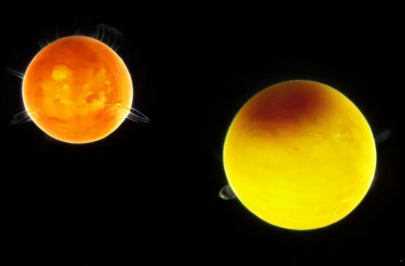 Rappresentazione del sistema GSC 00066-00869: una stella arancione a sinistra e una più grande, gialla, a destra con una grande macchia scura nella parte alta